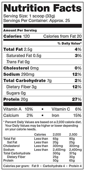 etiqueta nutricional de proteínas y verduras de vega