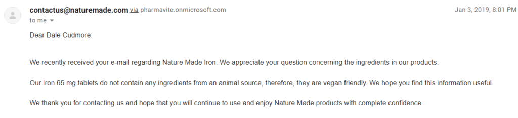 email from nature made iron