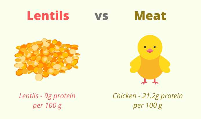 lentejas vs contenido de proteína de la carne