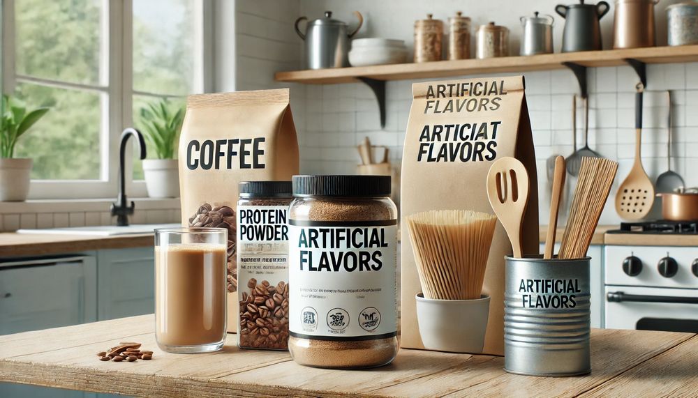 fotografía realista de alimentos empaquetados como café proteína en polvo y sopas instantáneas con etiquetas de sabores artificiales
