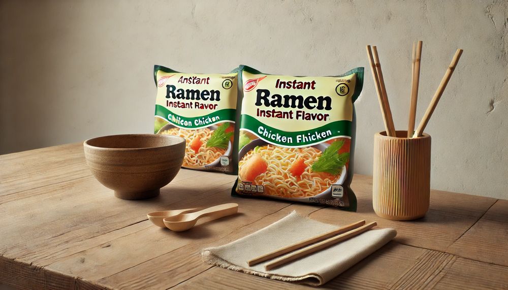 fotografía realista de una mesa de cocina con paquetes de ramen instantáneo etiquetados como sabor artificial de pollo
