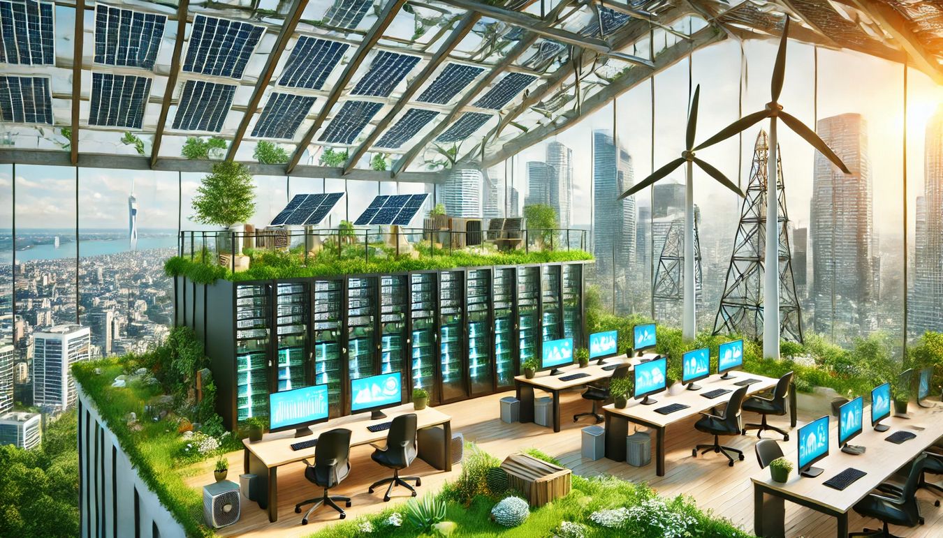 Un espacio de oficina ecológico con servidores paneles solares en el techo y turbinas eólicas enfatizando las prácticas empresariales sostenibles