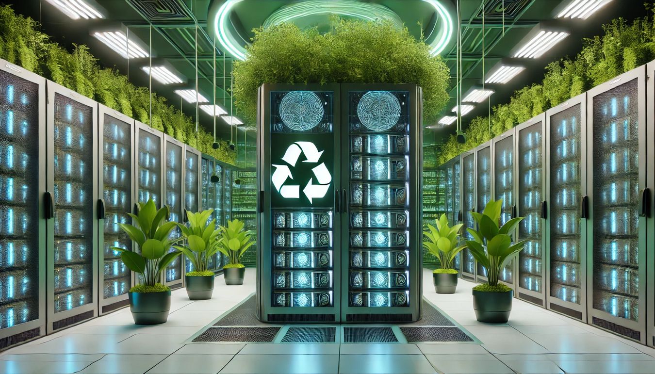 Una sala de servidores futurista con iluminación LED de bajo consumo plantas integradas en el diseño y un símbolo de energía verde en los servidores