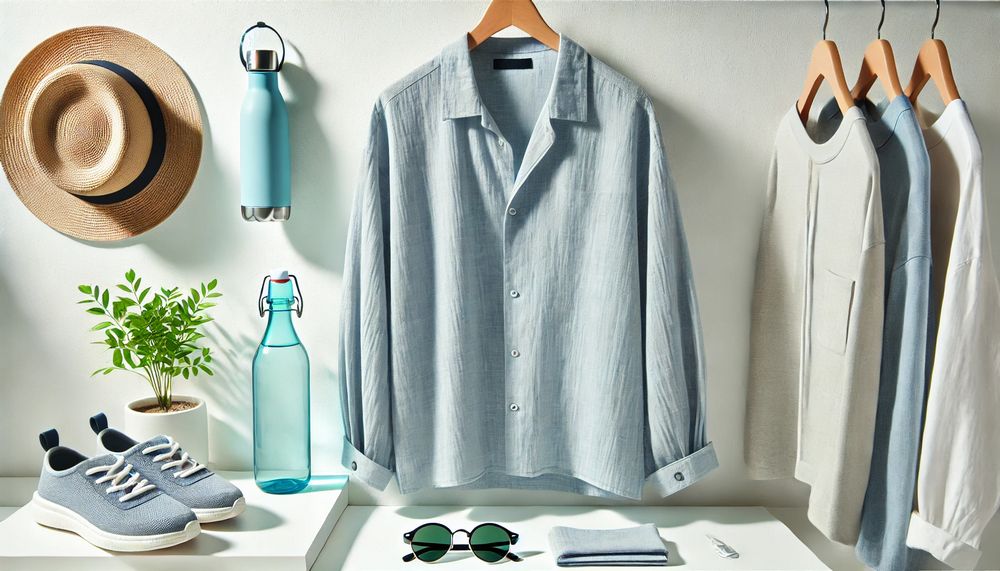 Camisa de lyocell ligera y transpirable en color azul claro colgada en un entorno minimalista y veraniego