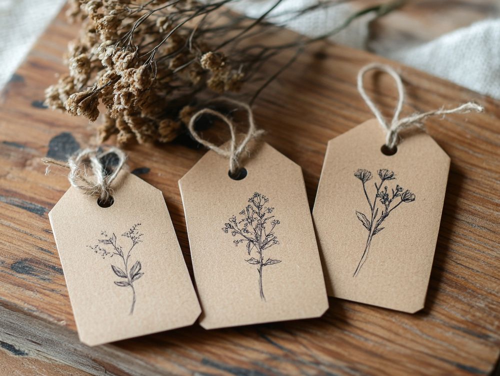 Etiquetas y tarjetas de regalo sostenibles hechas de papel kraft decoradas con ilustraciones y elementos naturales