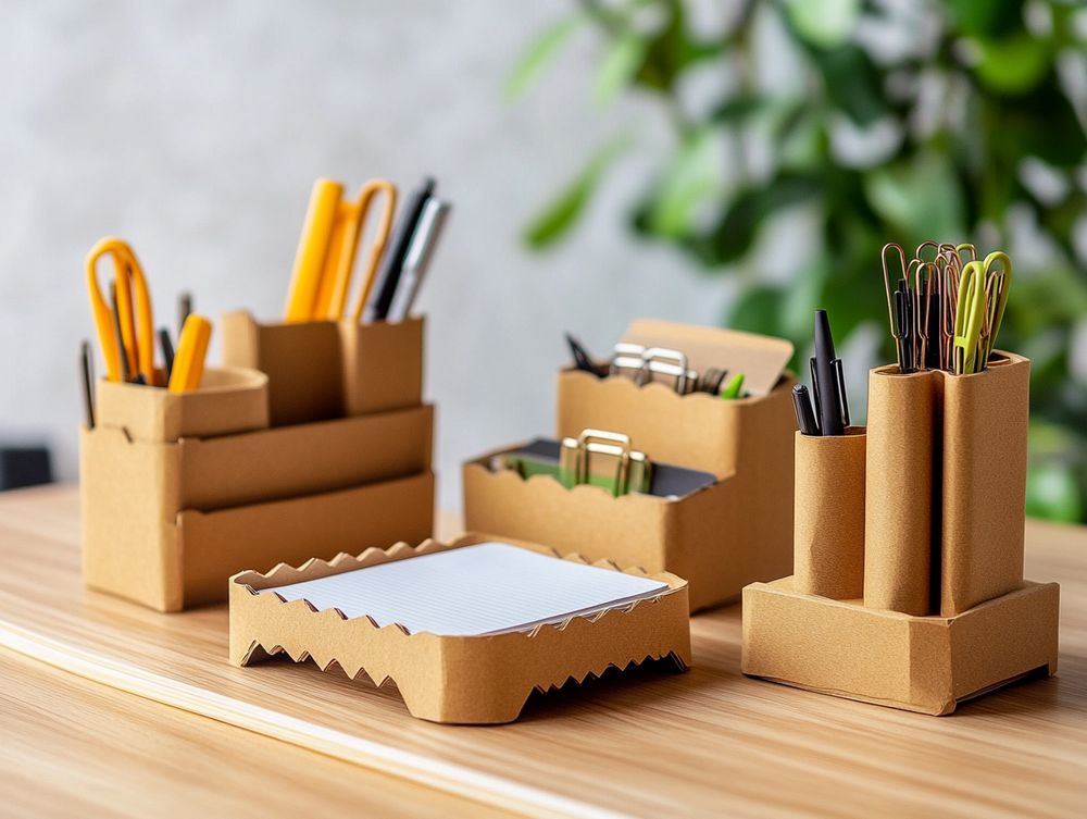 Organizadores de escritorio ecológicos hechos de papel kraft organizando artículos de papelería en un entorno de escritorio minimalista