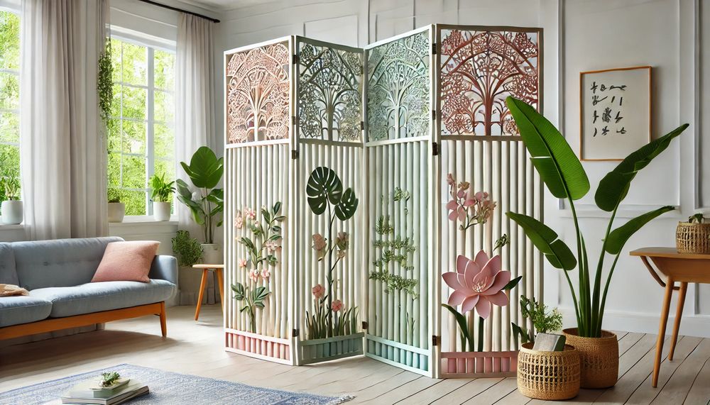 Biombo decorativo hecho con tuberías de PVC coloridas en una sala minimalista