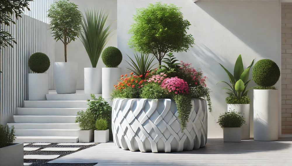 Maceta hecha de llanta reciclada con flores coloridas en un patio minimalista