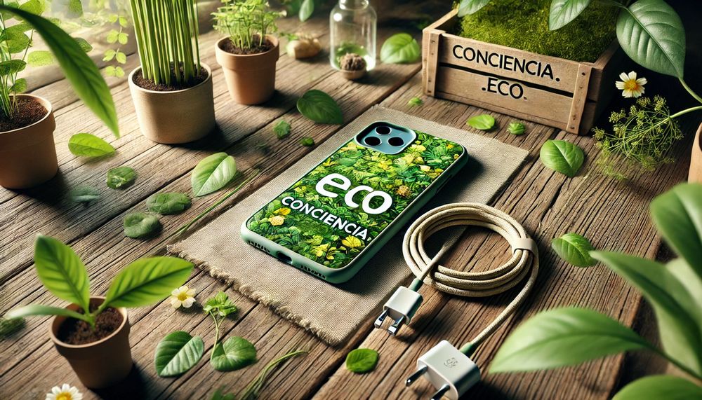 Accesorios ecológicos para smartphone como una funda biodegradable y un cable reciclado conciencia eco