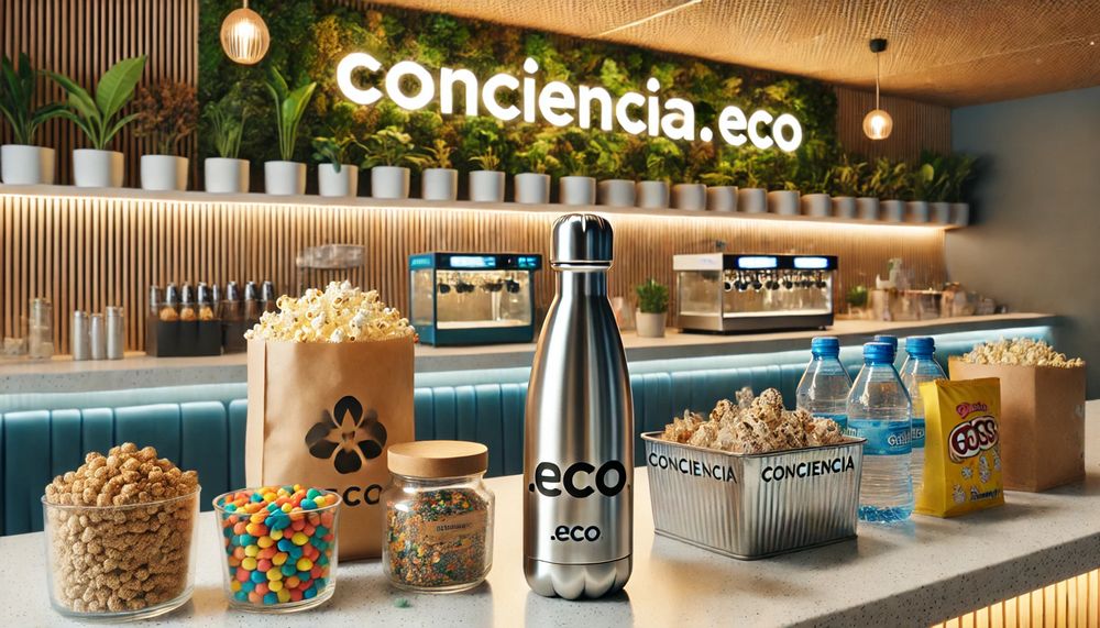 Área de venta de alimentos en el cine con botella reutilizable y snacks ecológicos rodeados de plantas