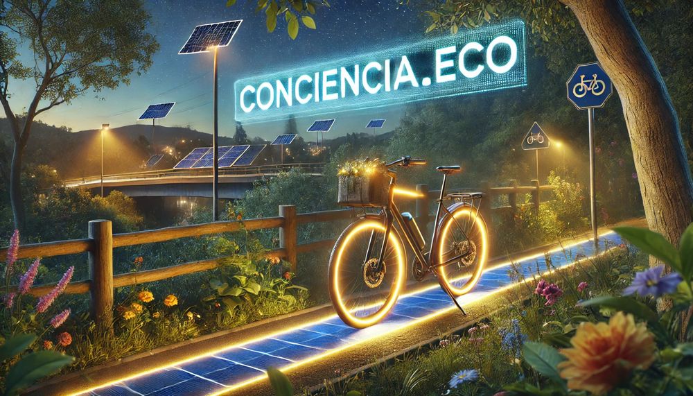 Bicicleta con luces LED brillando al atardecer en un sendero rodeado de árboles flores y elementos urbanos sostenibles