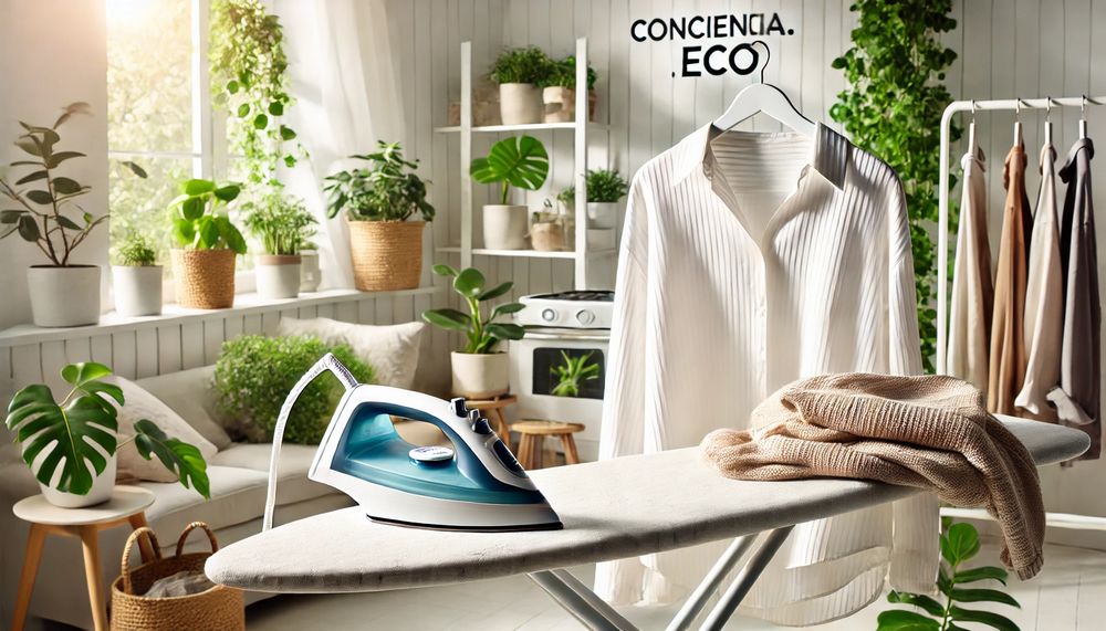 Blusa ligera sobre tabla de planchar con plancha aún caliente y plantas decorativas en un entorno iluminado y minimalista
