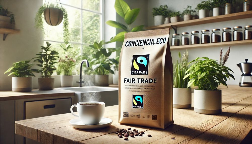 Bolsa de café con etiqueta Fair Trade junto a una taza blanca en un entorno minimalista con plantas y luz natural
