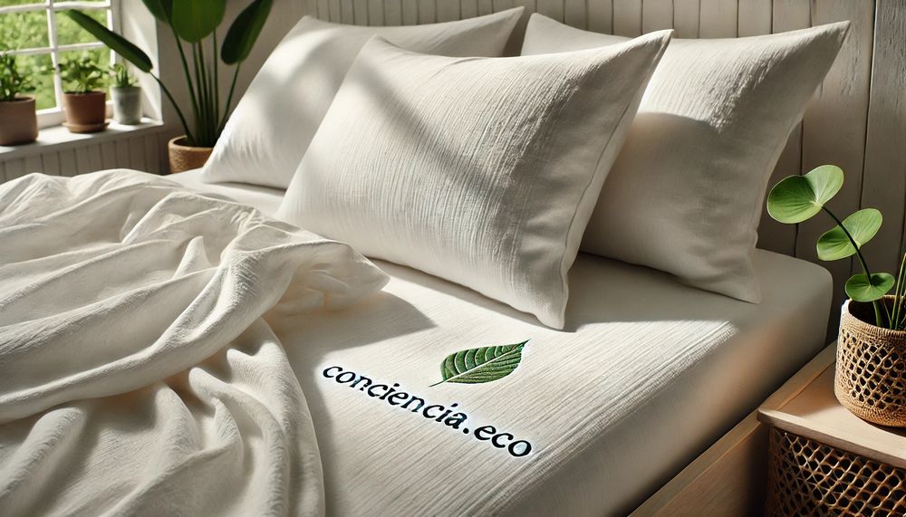 Close up de sábanas ecológicas bordadas a mano con “Conciencia eco” y detalles de plantas decorativas en un entorno minimalista