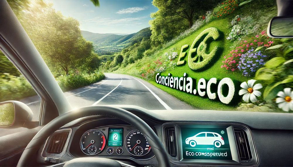 Coche conduciendo a velocidad constante en una carretera limpia con vegetación y flores alrededor; la palabra Conciencia eco
