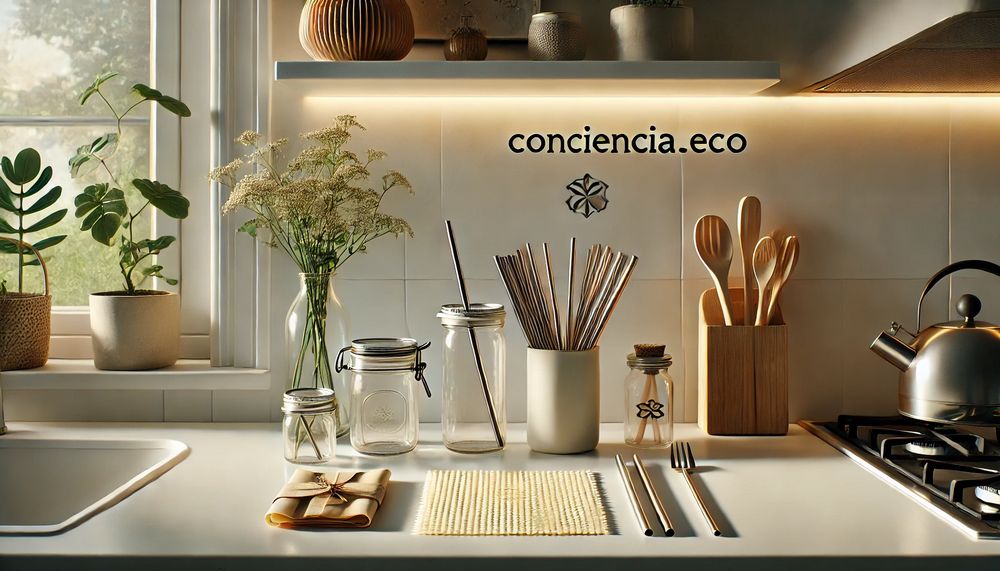 Cocina minimalista con alternativas reutilizables como frascos de vidrio y envoltorios de cera de abeja decorada con plantas bajo luz natural
