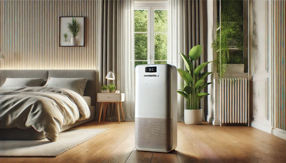 Dormitorio moderno con un purificador de aire de diseño minimalista marca Conciencia eco en negro sobre fondo blanco plantas decorativas