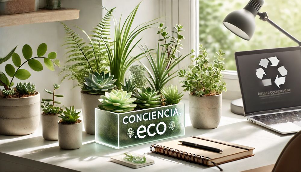 Escritorio decorado con plantas como suculentas y helechos en un ambiente moderno iluminado y ecoamigable