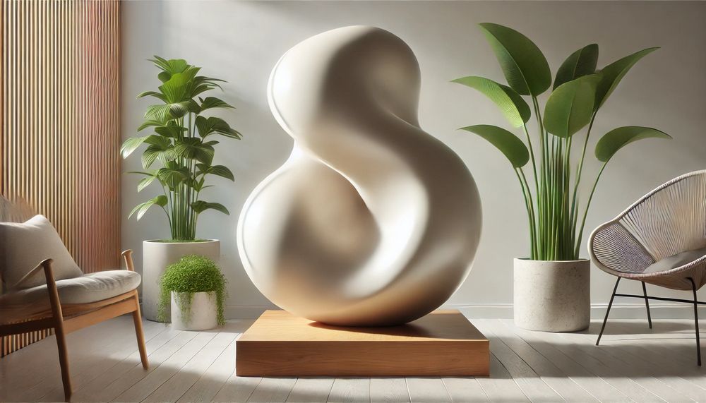 Escultura moderna hecha con fibra de vidrio reciclada en un espacio interior minimalista decorada con plantas y luz natural