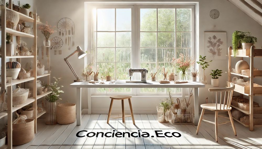 Espacio de manualidades iluminado por luz natural junto a una ventana grande con plantas decorativas y herramientas organizadas en un entorno minimalista