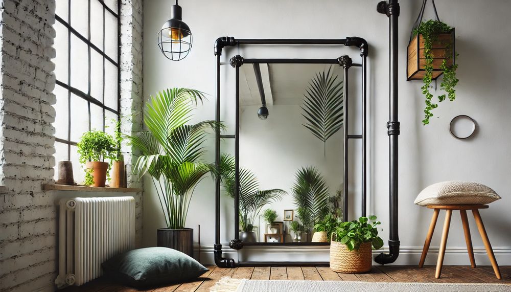 Espejo decorativo con marco de tuberías de acero galvanizado negro colgado en una pared blanca y rodeado de plantas