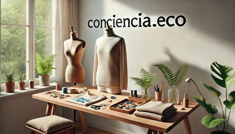 Estudio minimalista con herramientas para reparar ropa luz natural y plantas decorativas destacando el texto “Conciencia eco”