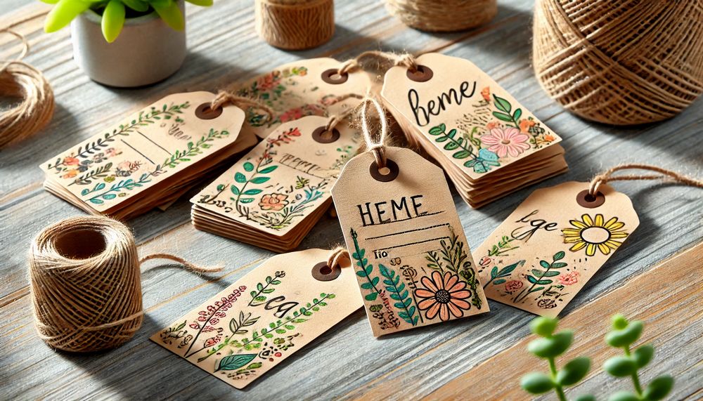 Etiquetas para regalos hechas a mano con cartulina reciclada decoradas con diseños creativos y cuerda en una superficie de madera