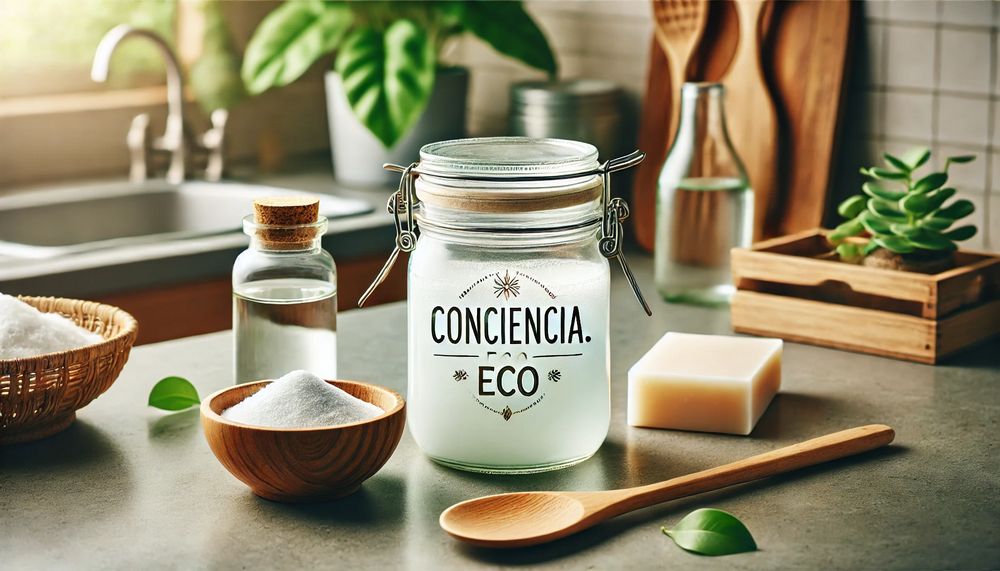 Frasco de detergente casero en un mostrador con bicarbonato vinagre jabón y una planta verde en un entorno luminoso y moderno