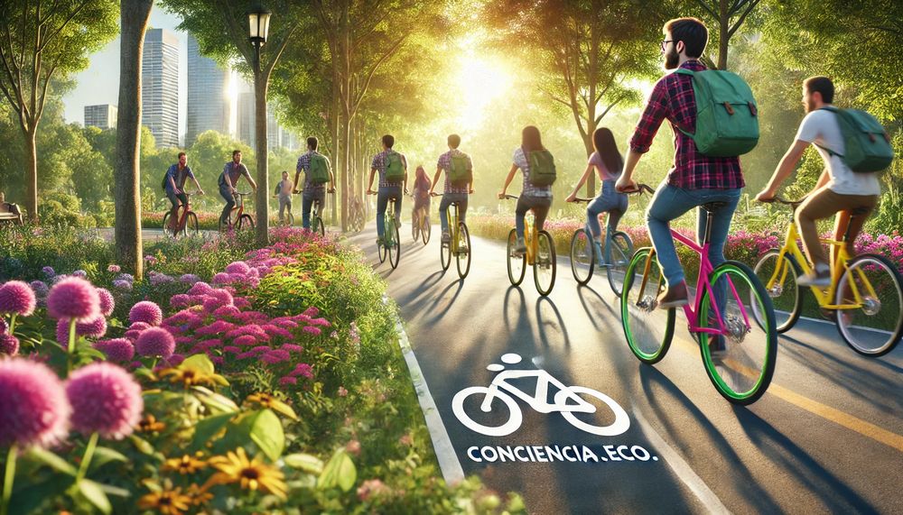 Grupo de ciclistas recorriendo un parque urbano rodeado de árboles flores y caminos limpios fomentando la movilidad sustentable