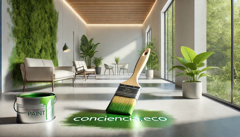 Habitación minimalista con paredes blancas y plantas siendo pintada con pintura ecológica de color verde