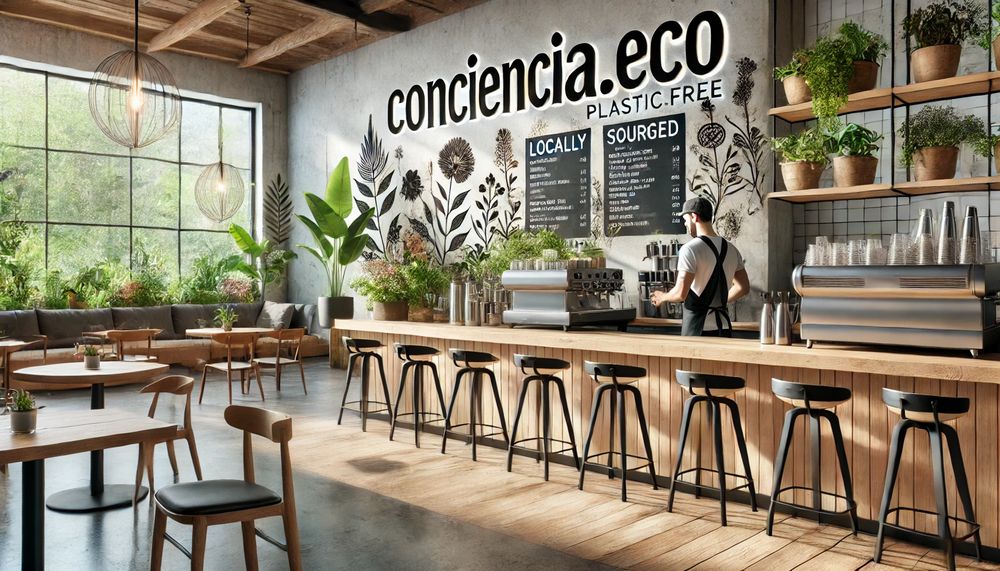 Interior de una cafetería ecológica con plantas decoración minimalista y prácticas sostenibles destacadas en el menú