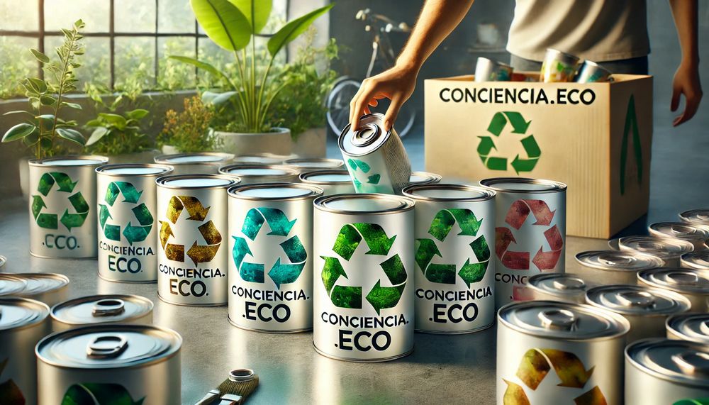 Latas de pintura vacías organizadas para reciclar con etiquetas visibles luz natural y plantas decorativas en un entorno moderno