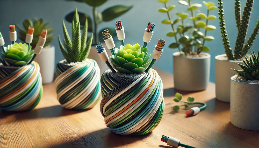 Macetas de suculentas decoradas con cables eléctricos reciclados en colores verde blanco y negro