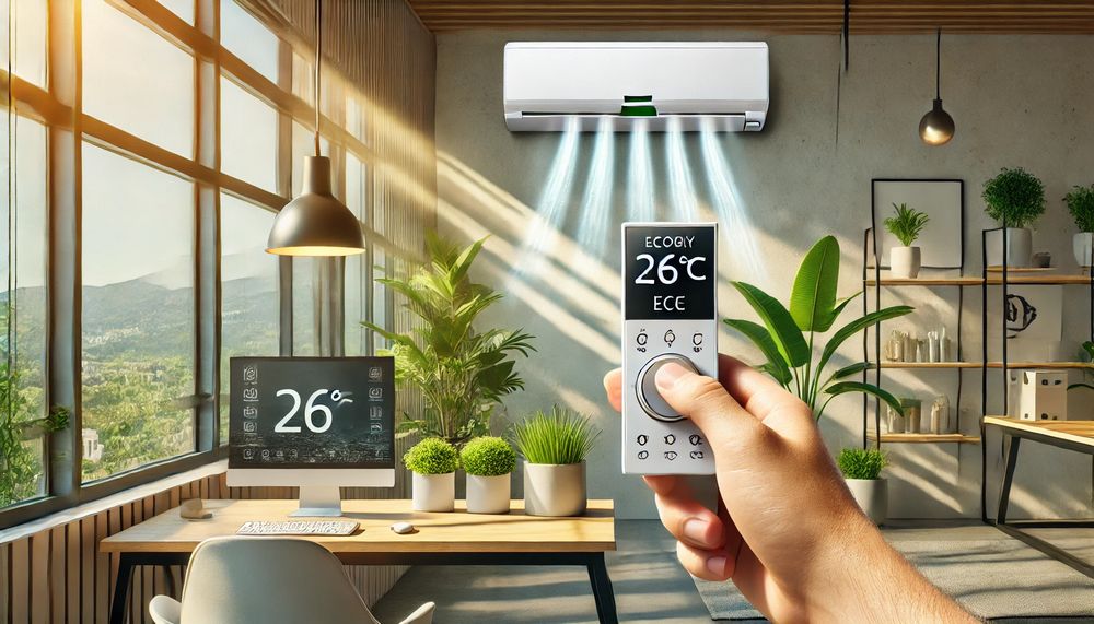 Hand adjusting the air conditioning control to 26°C in a modern office with plants and natural light