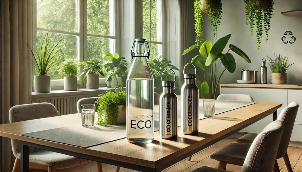 Mesa con jarra de agua y botellas reutilizables de acero inoxidable grabadas con “Conciencia eco” rodeada de plantas
