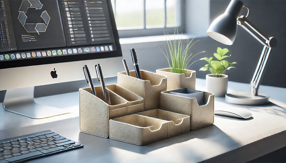 Organizador de escritorio hecho con fibra de vidrio reciclada colocado en un escritorio moderno con decoración minimalista y luz natural