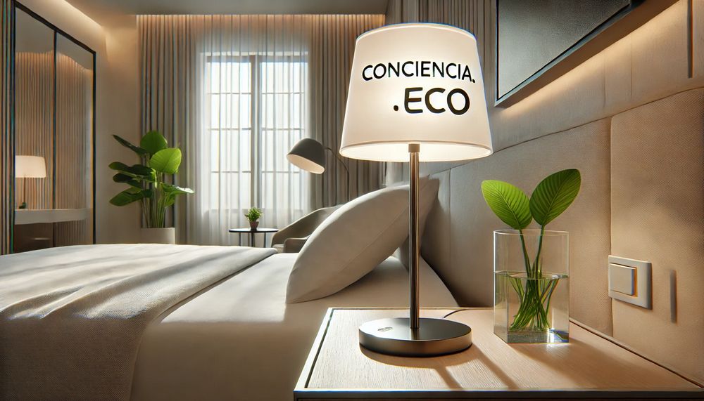 Persona apagando una lámpara moderna en una habitación de hotel con decoración minimalista y planta decorativa