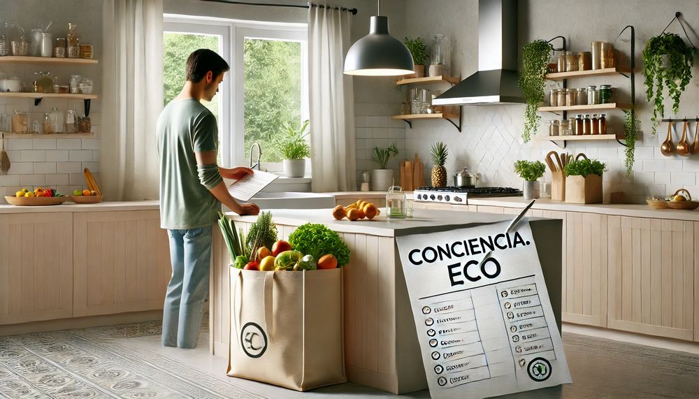 Persona revisando una lista de compras en una cocina moderna con bolsas reutilizables llenas de productos frescos
