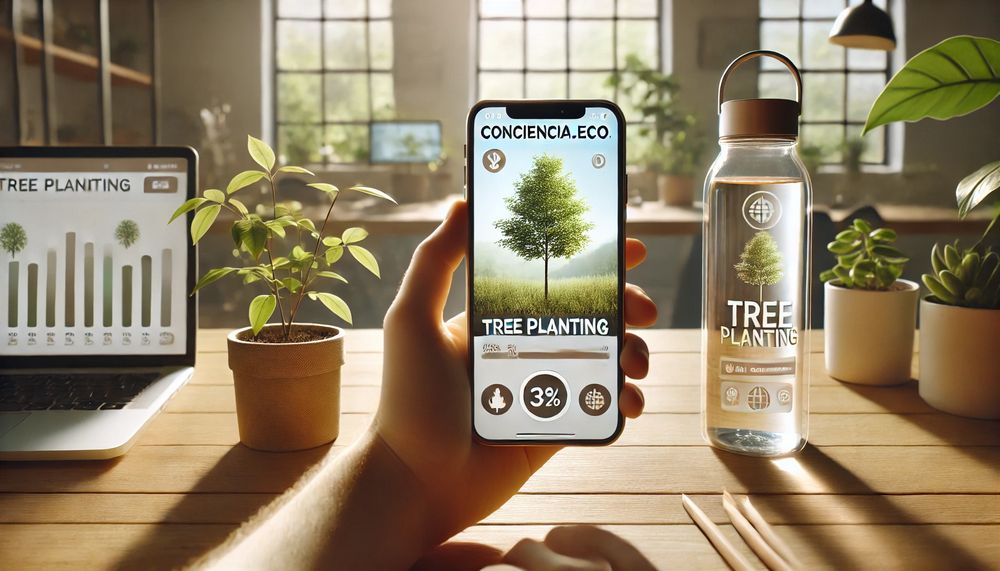 Persona sosteniendo un smartphone con una campaña de sostenibilidad sobre plantar árboles en un entorno moderno con plantas