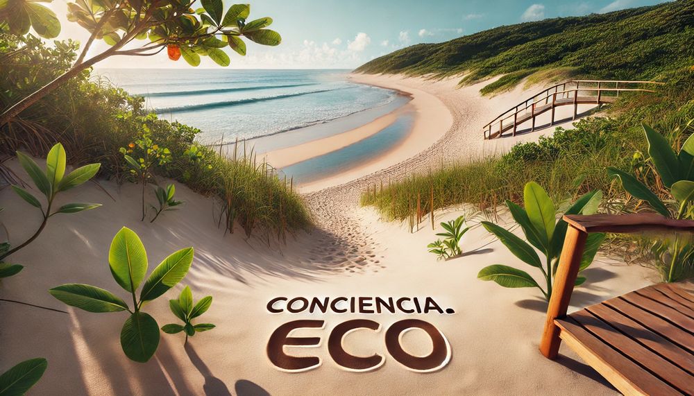 Playa con dunas protegidas vegetación costera y la frase Conciencia eco escrita en la arena bajo luz natural