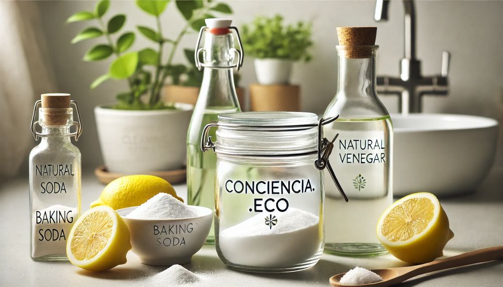 Productos naturales para limpiar bicarbonato vinagre y limón en un ambiente minimalista y ecológico
