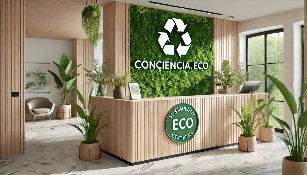 Recepción de hotel ecológico con pared verde certificado de sostenibilidad y decoración natural minimalista