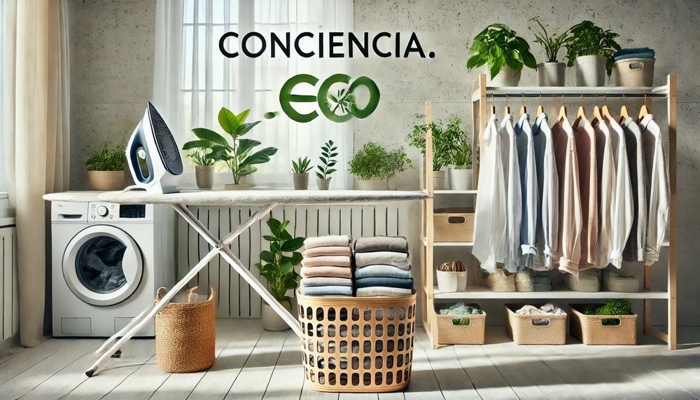Ropa ordenada por tipo de tela junto a una tabla de planchar en un espacio luminoso con plantas y diseño minimalista