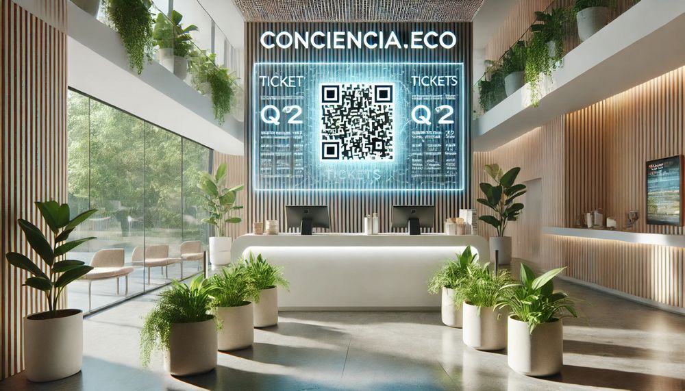 Taquilla moderna de cine con pantalla digital y plantas decorativas en un entorno minimalista iluminado naturalmente