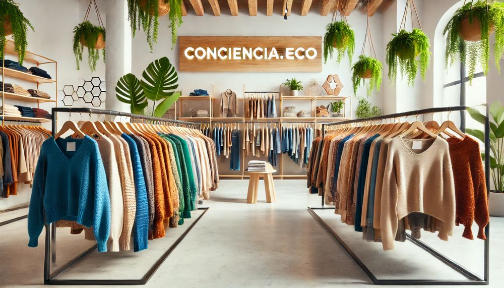 Tienda de ropa de segunda mano con prendas coloridas decoración natural y el texto “Conciencia eco” en un letrero de madera