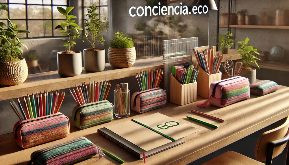 Útiles escolares artesanales en un escritorio con decoraciones hechas por productores locales y rodeadas de plantas naturales