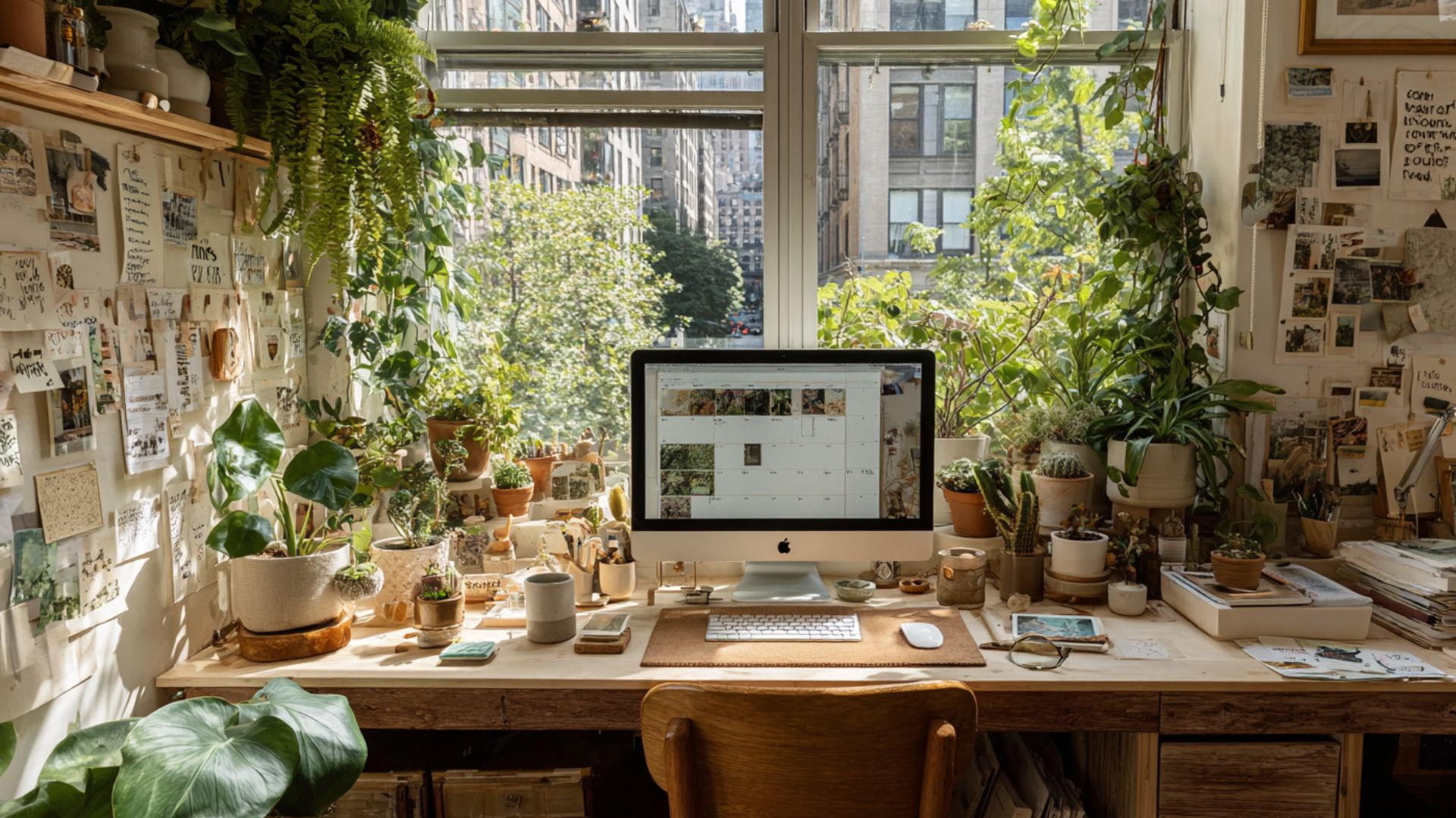 Oficina en casa con plantas y laptop