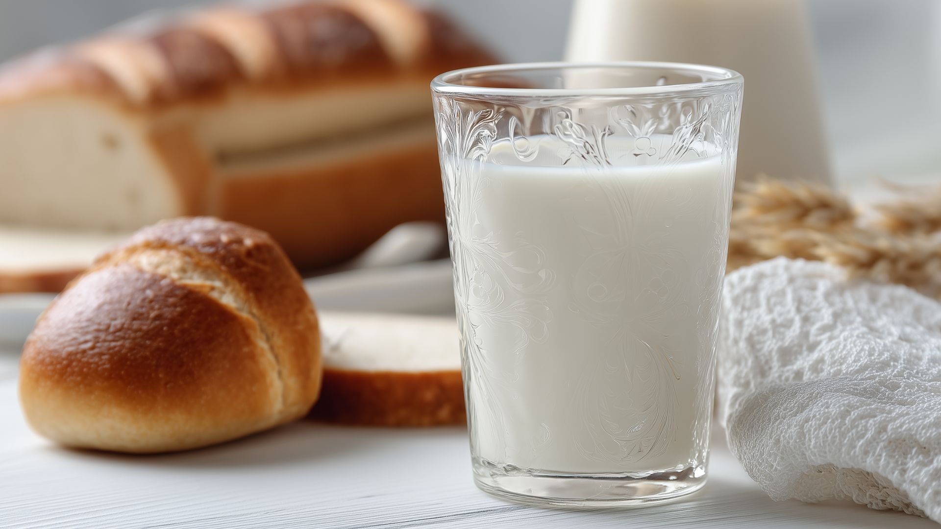 Vaso de leche con pan en la mesa