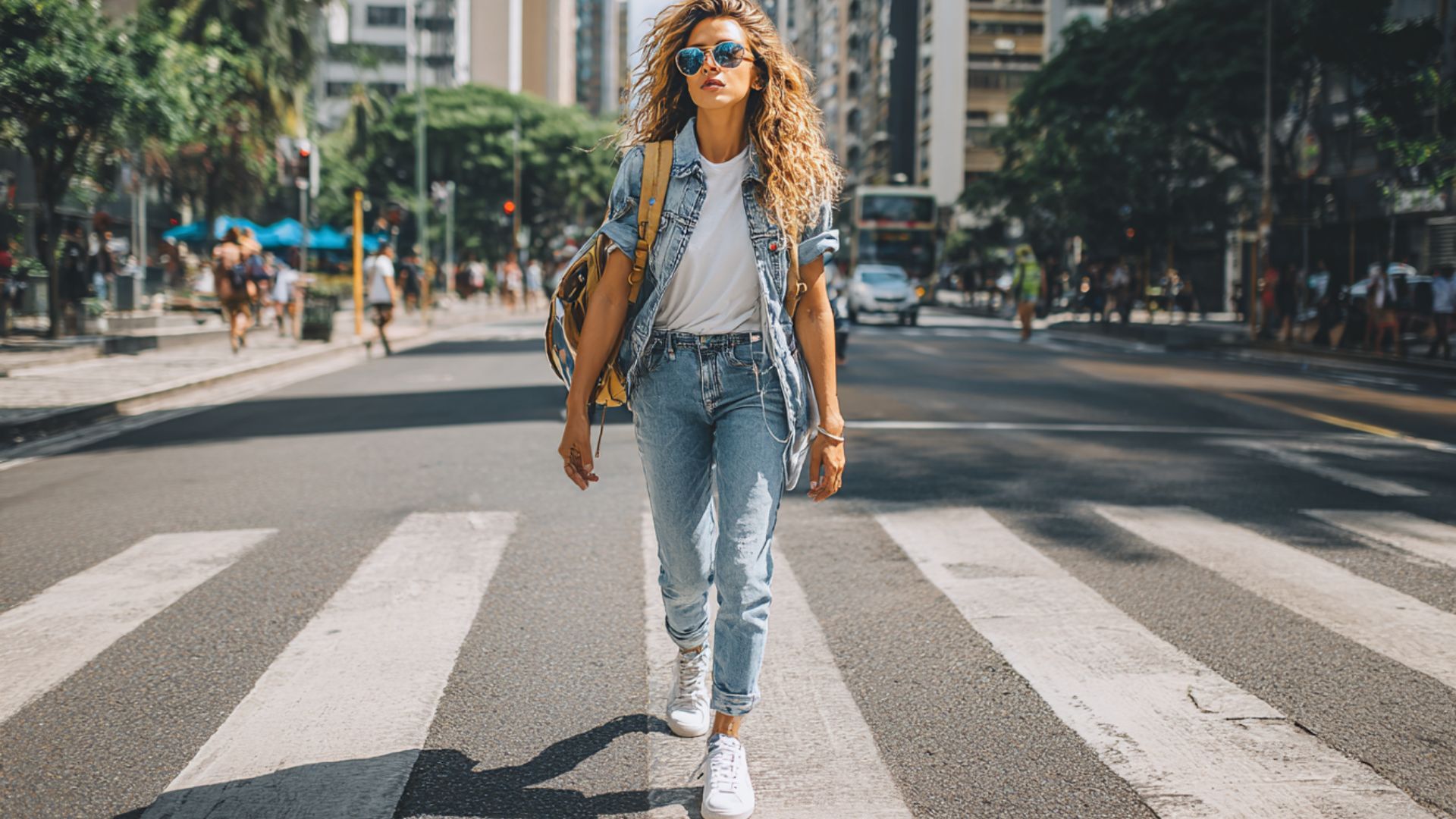 mujer caminando en la calle con unos jeans pantalon de mezclilla