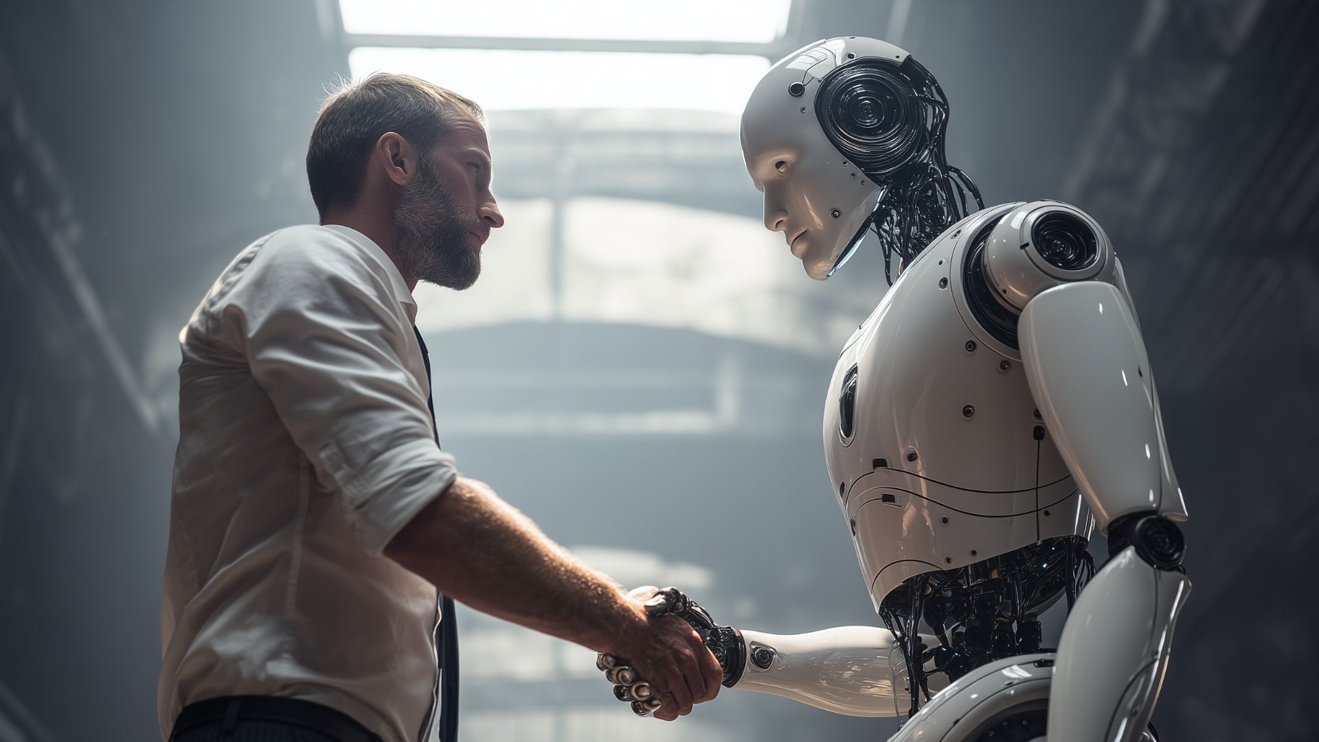 un robot de ia saluda a un humano